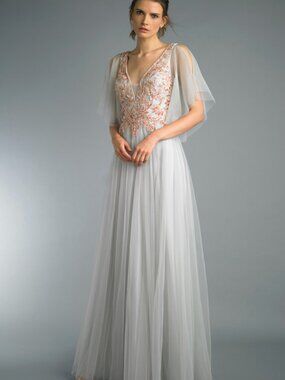 D8680L V Neck Dress With Sequin Motif - Pink Grey